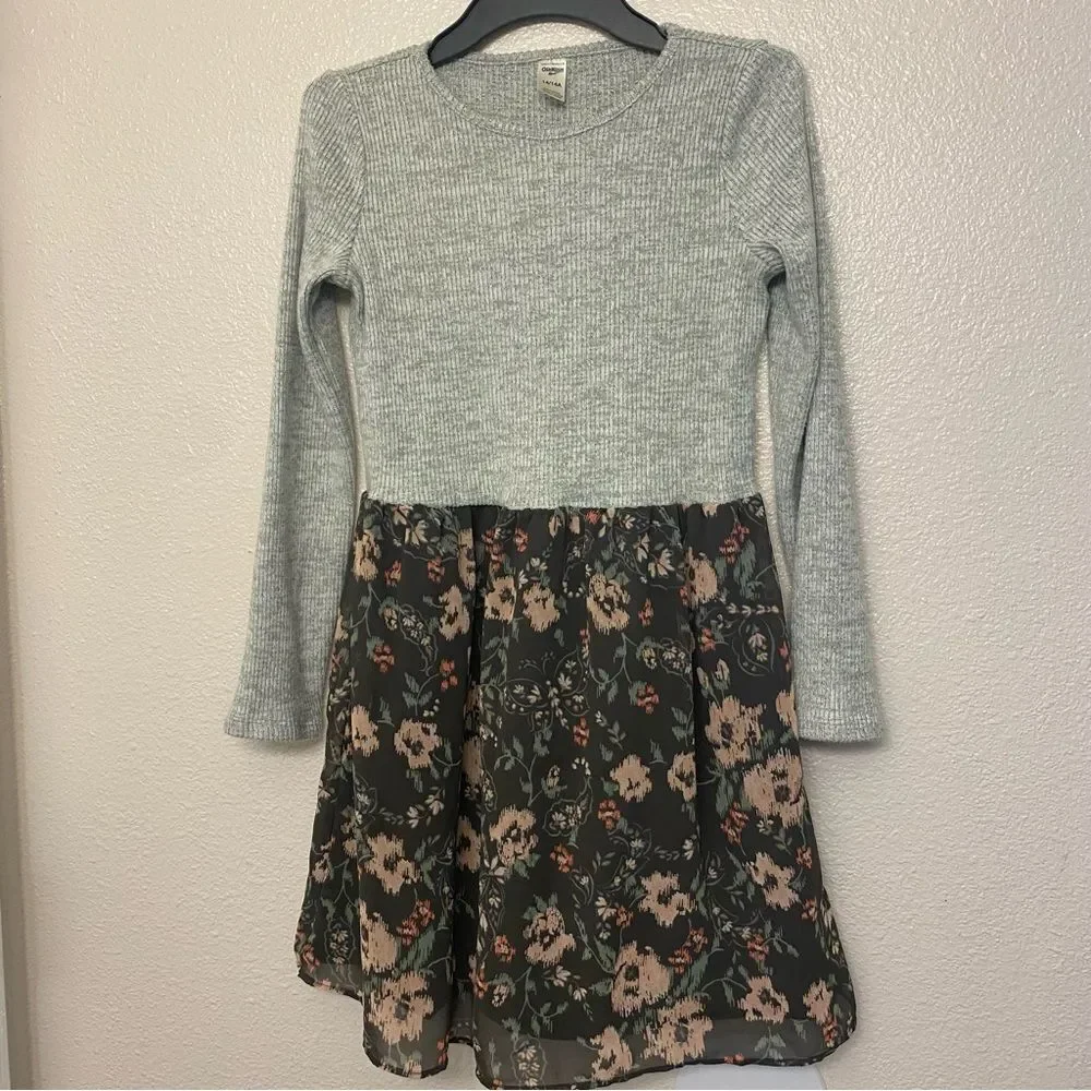 OshKosh gray cozy knit ribbed crew neck long sleeve sweater dress floral 14